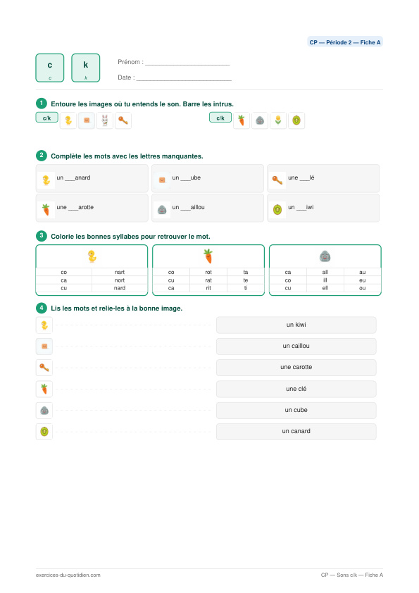 Exercices CP Français — Son c → [k] — fiche PDF à imprimer