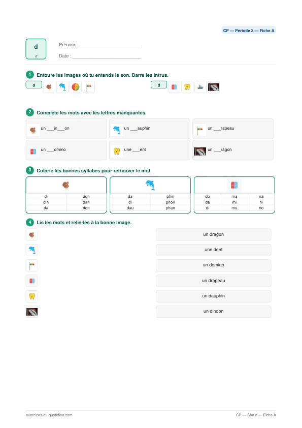 Exercices CP Français — Son d — fiche PDF à imprimer