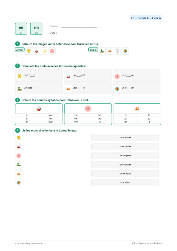 Exercices CP Français — Sons en / em — fiche PDF à imprimer