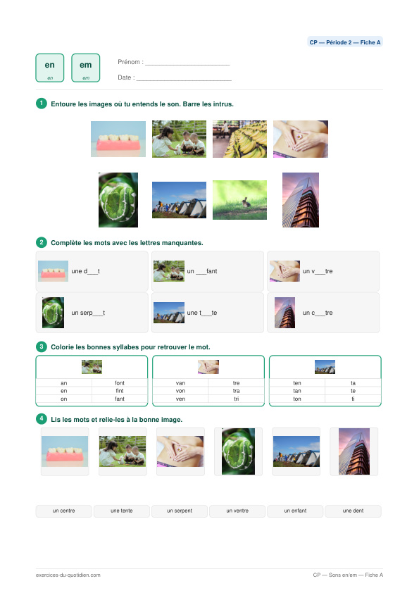Exercices CP Français — Sons en / em — fiche PDF à imprimer
