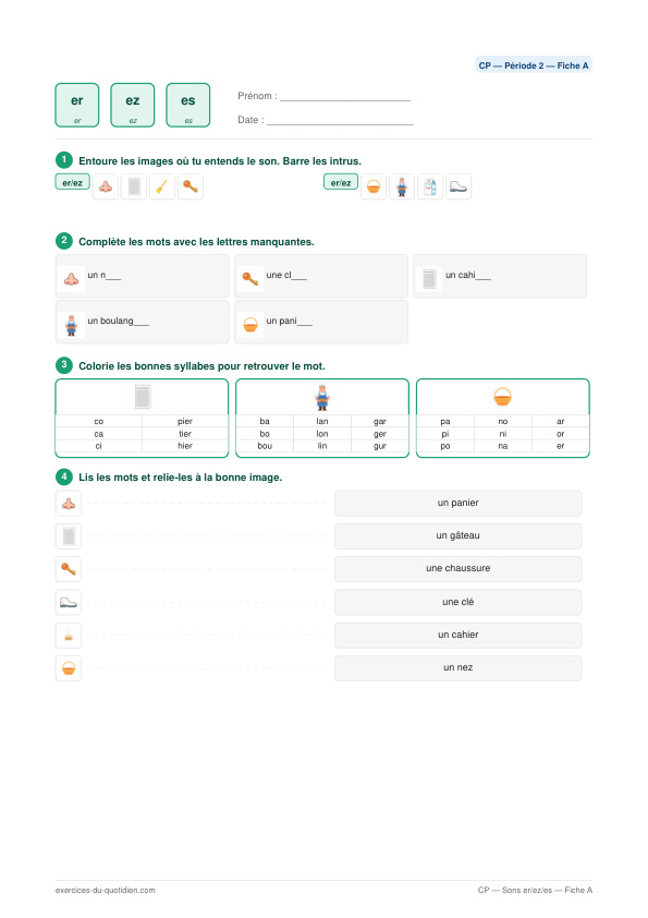 Exercices CP Français — Sons er / ez / es → [é] — fiche PDF à imprimer