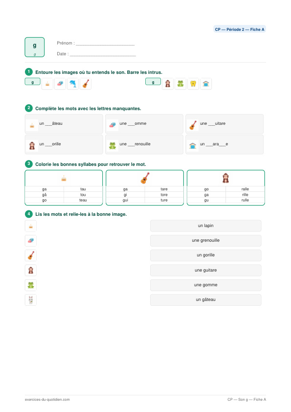 Exercices CP Français — Son g → [g] — fiche PDF à imprimer