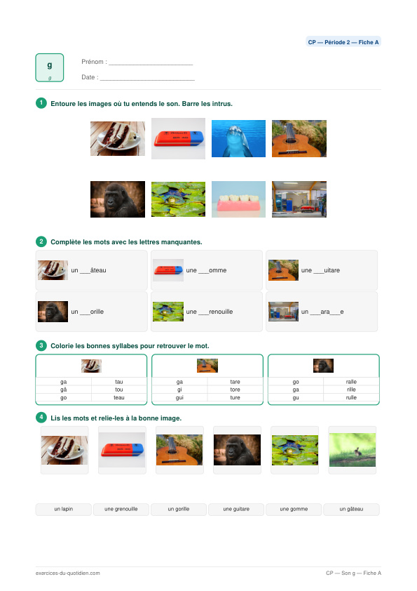Exercices CP Français — Son g → [g] — fiche PDF à imprimer
