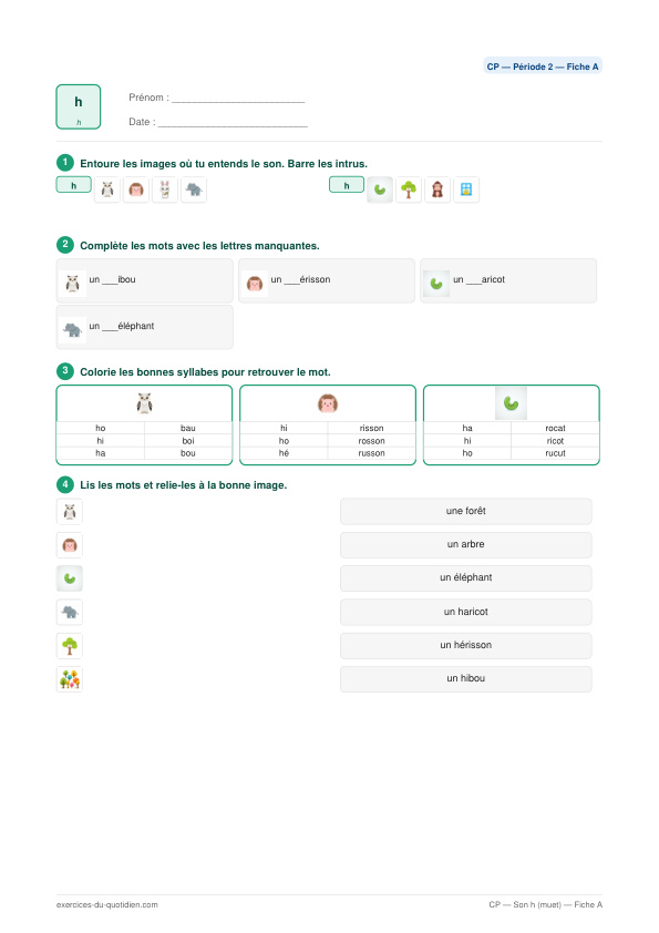 Exercices CP Français — Son h — fiche PDF à imprimer
