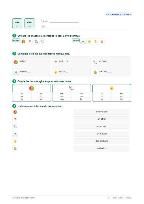 Exercices CP Français — Sons on / om — fiche PDF à imprimer