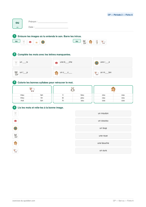 Exercices CP Français — Son ou — fiche PDF à imprimer