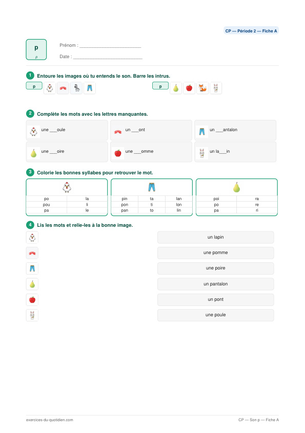 Exercices CP Français — Son p — fiche PDF à imprimer
