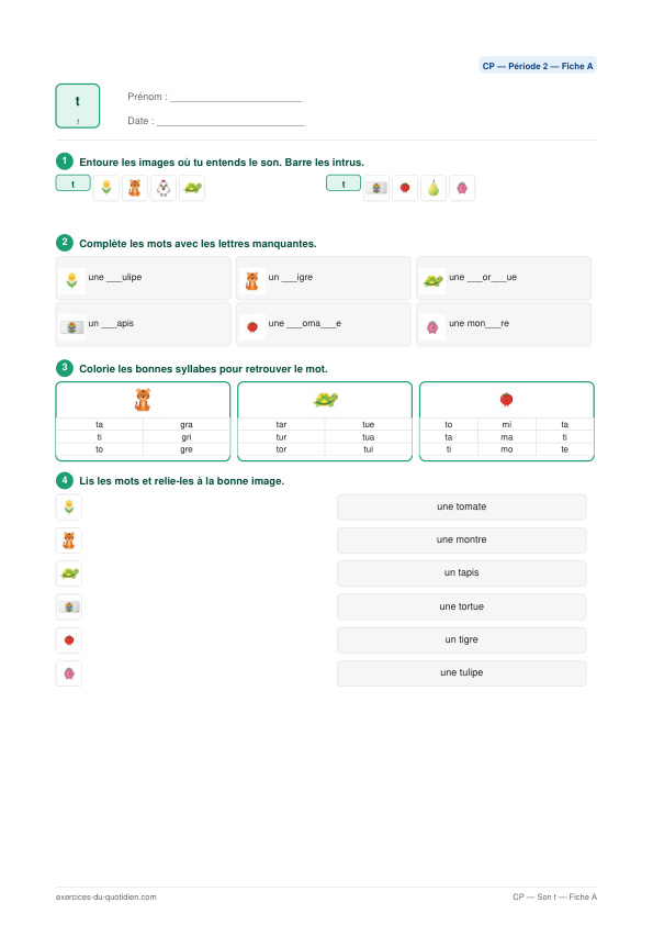 Exercices CP Français — Son t — fiche PDF à imprimer