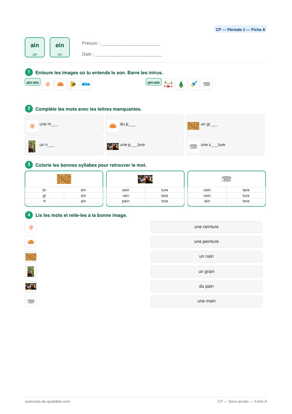 Exercices CP Français — Sons ain / ein — fiche PDF à imprimer