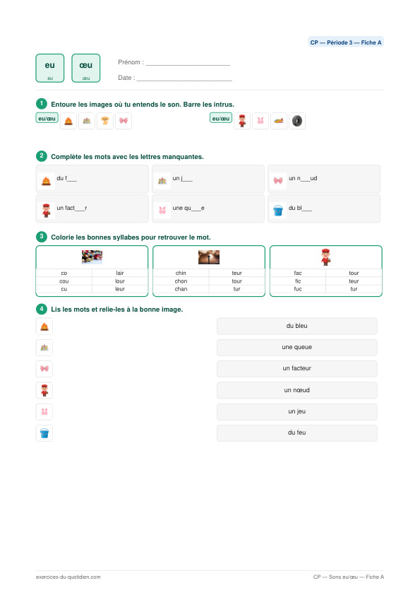 Exercices CP Français — Sons eu / œu — fiche PDF à imprimer