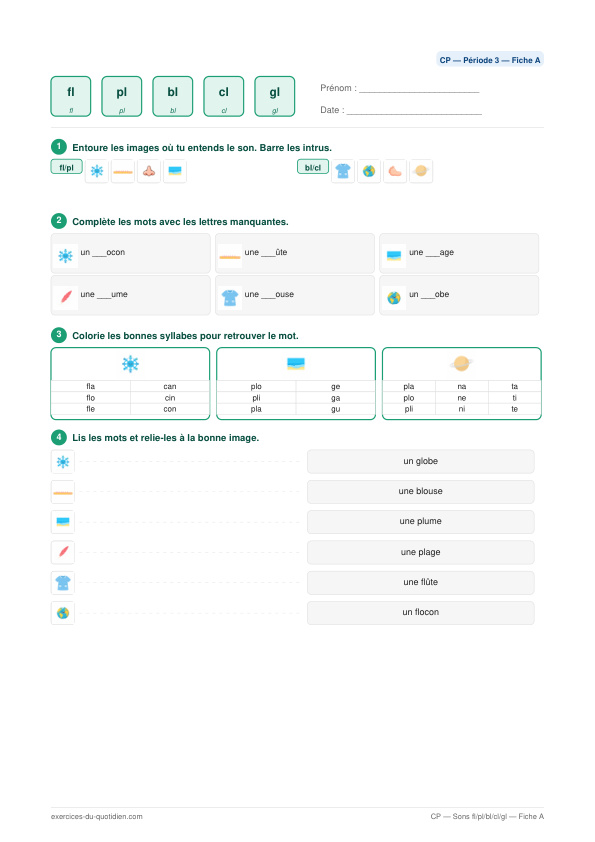 Exercices CP Français — Sons fl / pl / bl / cl / gl — fiche PDF à imprimer