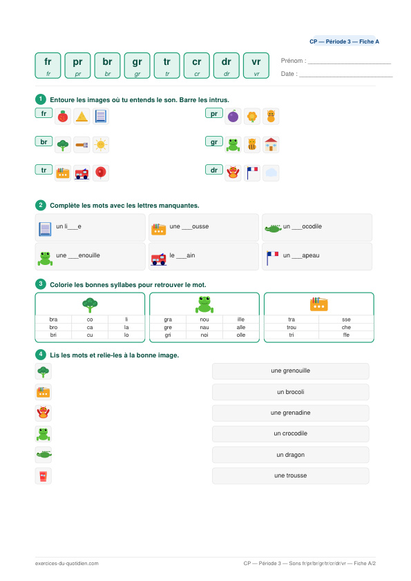 Exercices CP Français — Sons fr / pr / br / gr / tr / cr / dr / vr — fiche PDF à imprimer