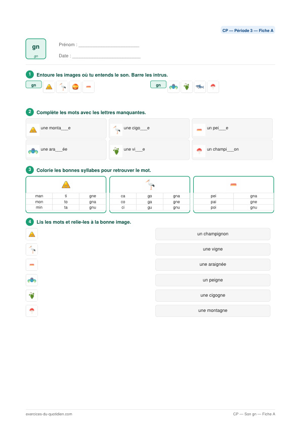 Exercices CP Français — Son gn — fiche PDF à imprimer