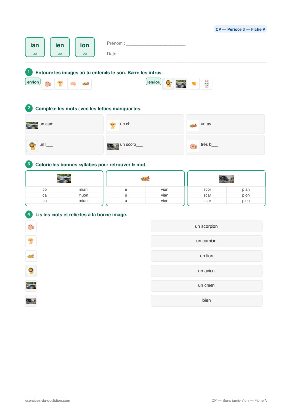 Exercices CP Français — Sons ian / ien / ion — fiche PDF à imprimer