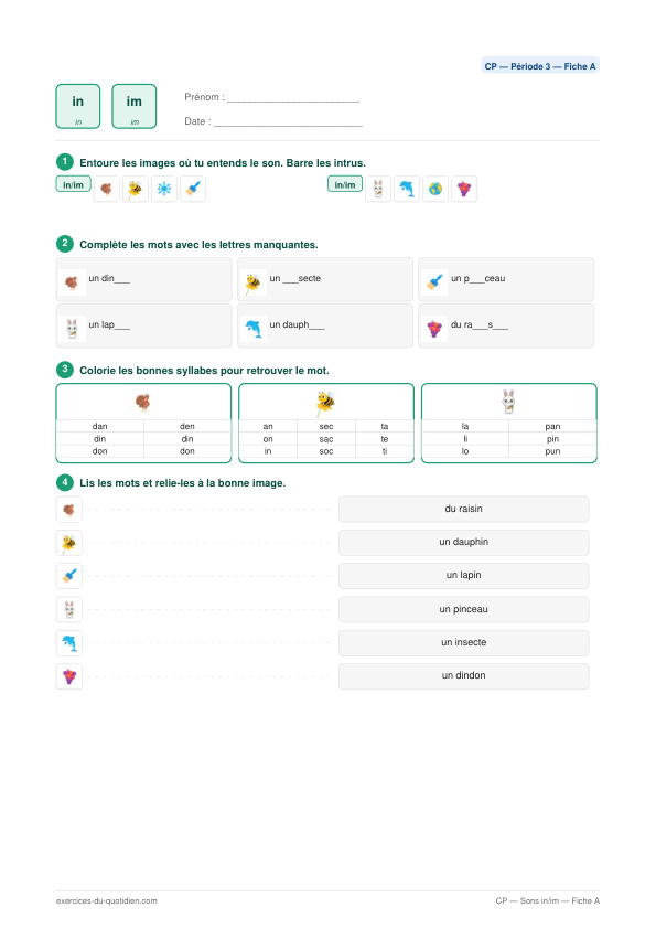 Exercices CP Français — Sons in / im — fiche PDF à imprimer