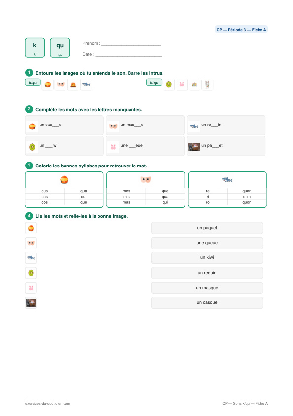 Exercices CP Français — Sons k / qu — fiche PDF à imprimer