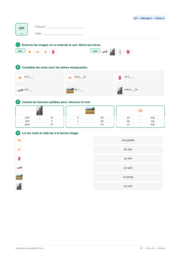 Exercices CP Français — Son oin — fiche PDF à imprimer