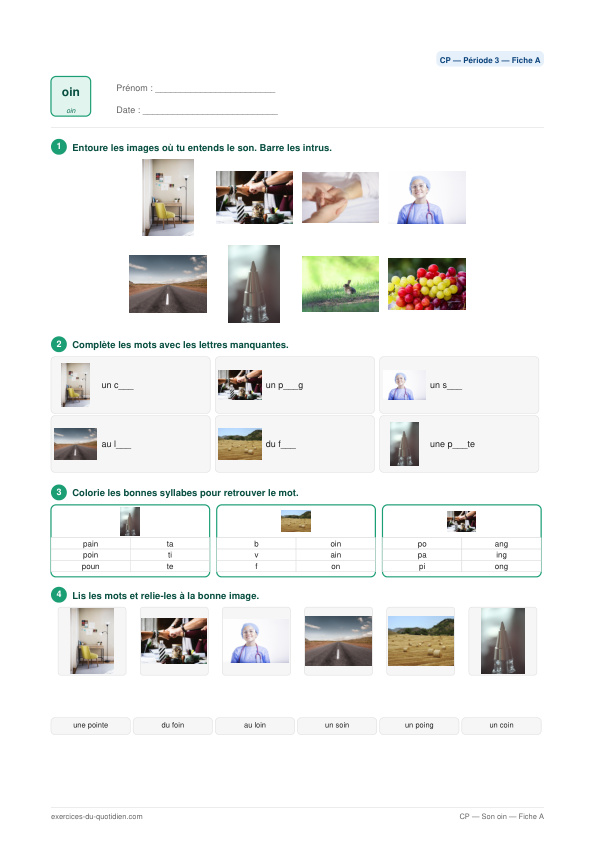 Exercices CP Français — Son oin — fiche PDF à imprimer
