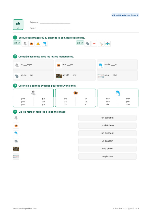 Exercices CP Français — Son ph → [f] — fiche PDF à imprimer