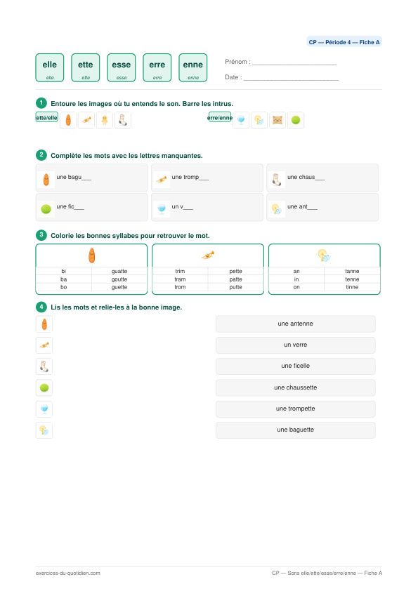Exercices CP Français — Finales elle / ette / esse / erre / enne — fiche PDF à imprimer