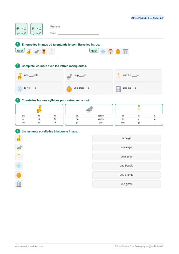 Exercices CP Français — Sons ge / gi → [j] — fiche PDF à imprimer