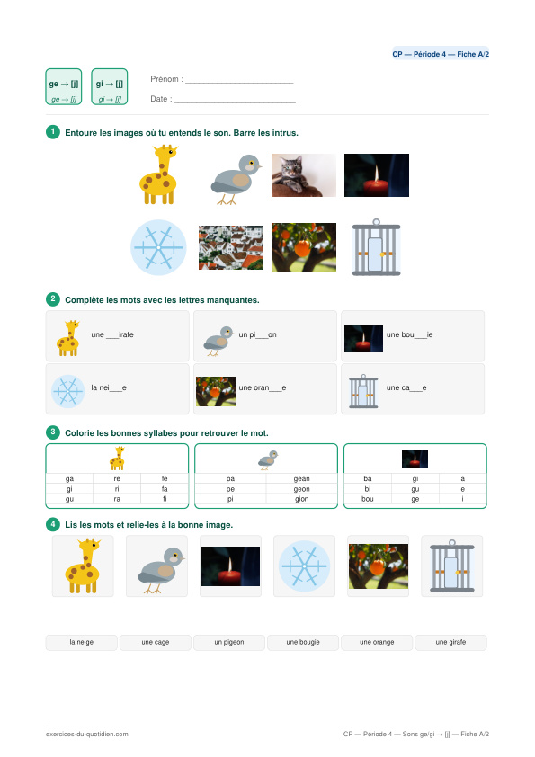 Fiche exercices CP — Sons ge / gi → [j] : aperçu photos réelles PDF à imprimer