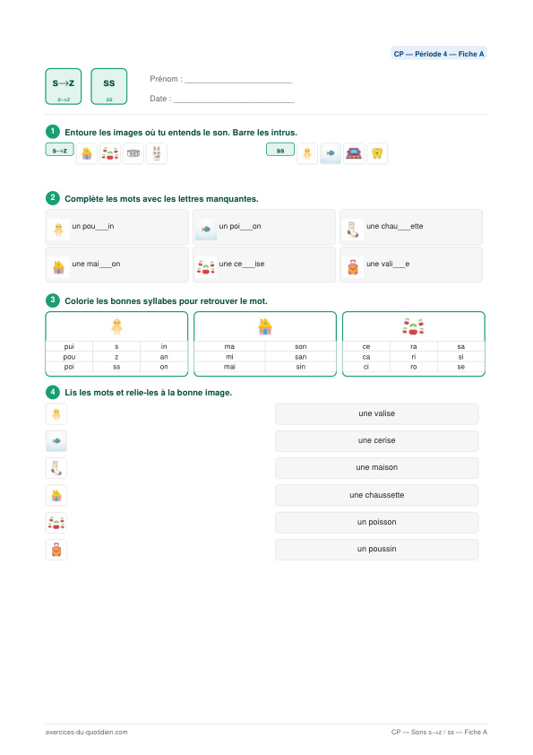 Exercices CP Français — Sons s → [z]  et  ss → [s] — fiche PDF à imprimer