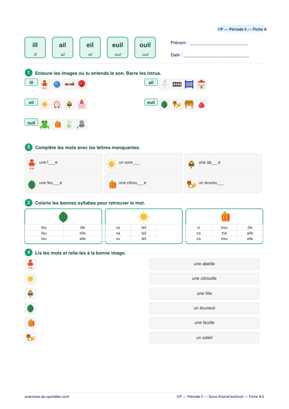 Exercices CP Français — Sons ill / ail / eil / euil / ouil — fiche PDF à imprimer