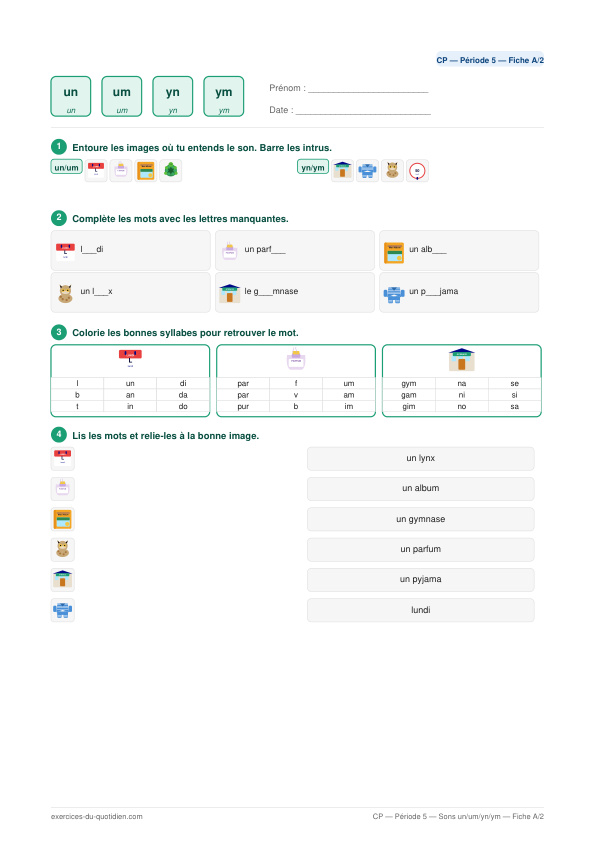 Exercices CP Français — Sons un / um / yn / ym — fiche PDF à imprimer