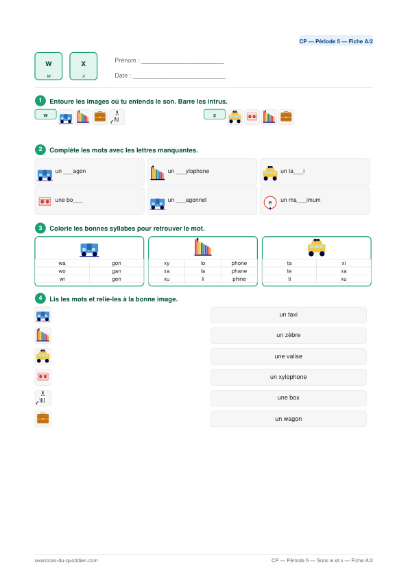Exercices CP Français — Sons ti → si / w / x — fiche PDF à imprimer