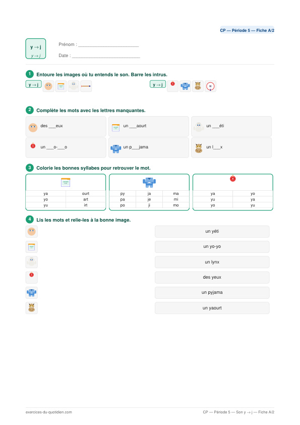 Exercices CP Français — Son y → [j] — fiche PDF à imprimer