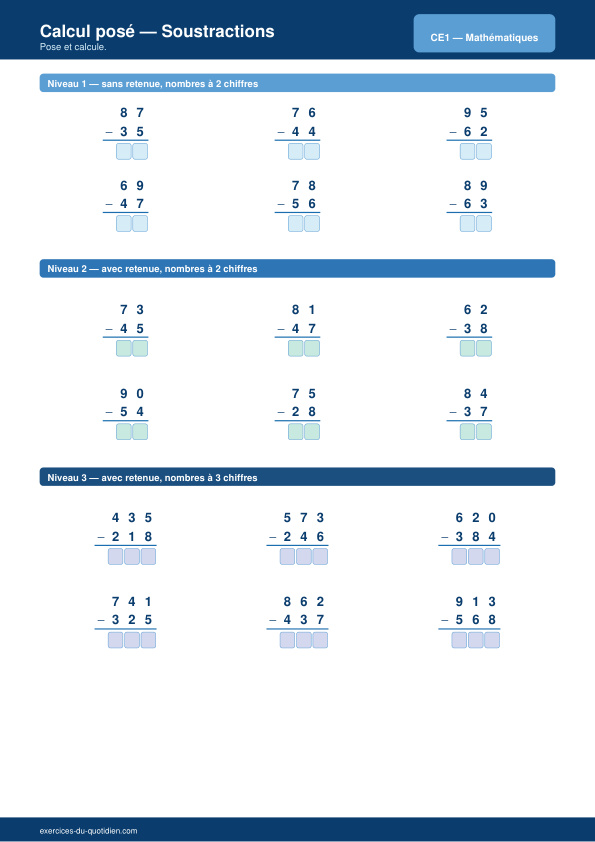 Exercices CE1 Maths — Calcul posé — soustractions — fiche PDF à imprimer