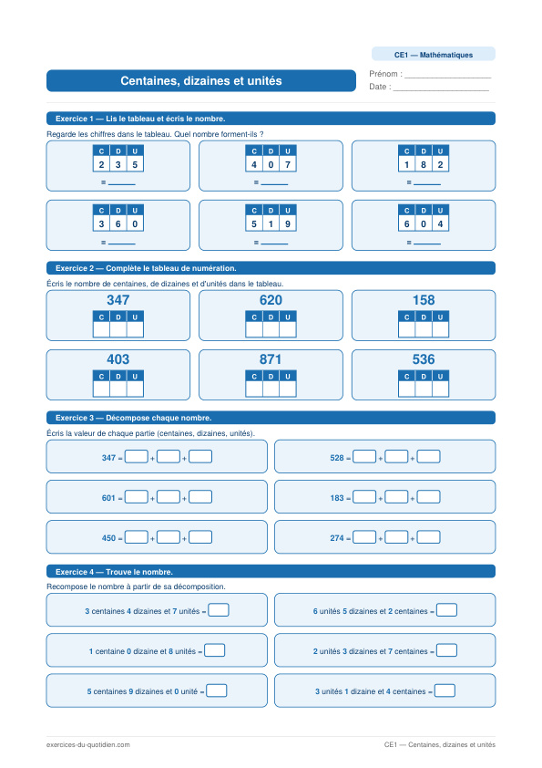 Exercices CE1 Maths — Centaines, dizaines et unités — fiche PDF à imprimer