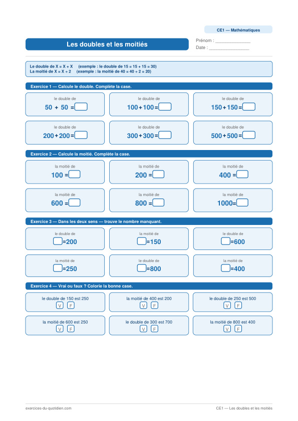 Exercices CE1 Maths — Les doubles et les moitiés — fiche PDF à imprimer