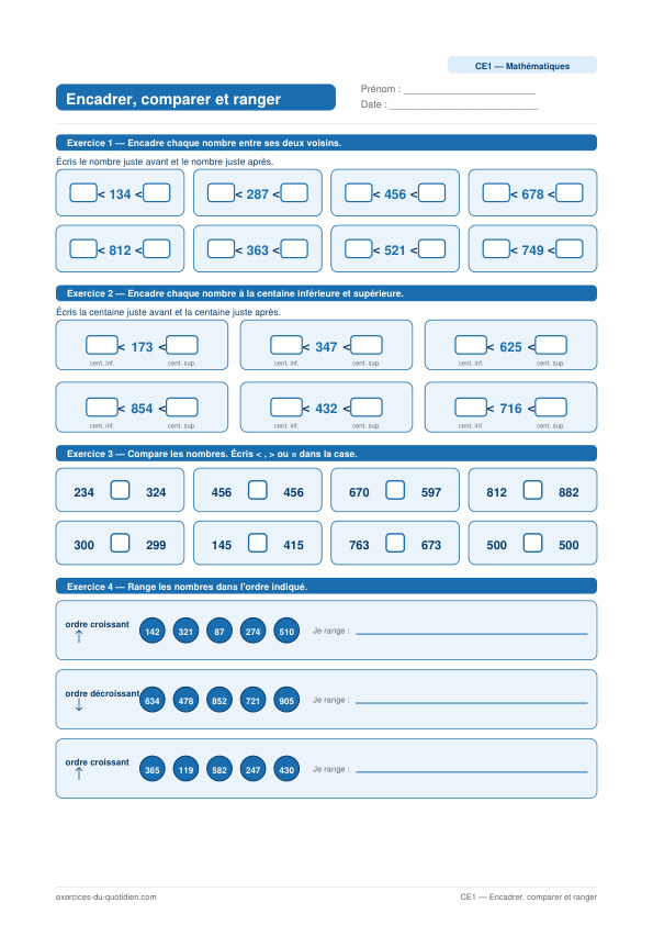 Exercices CE1 Maths — Encadrer, comparer et ranger — fiche PDF à imprimer