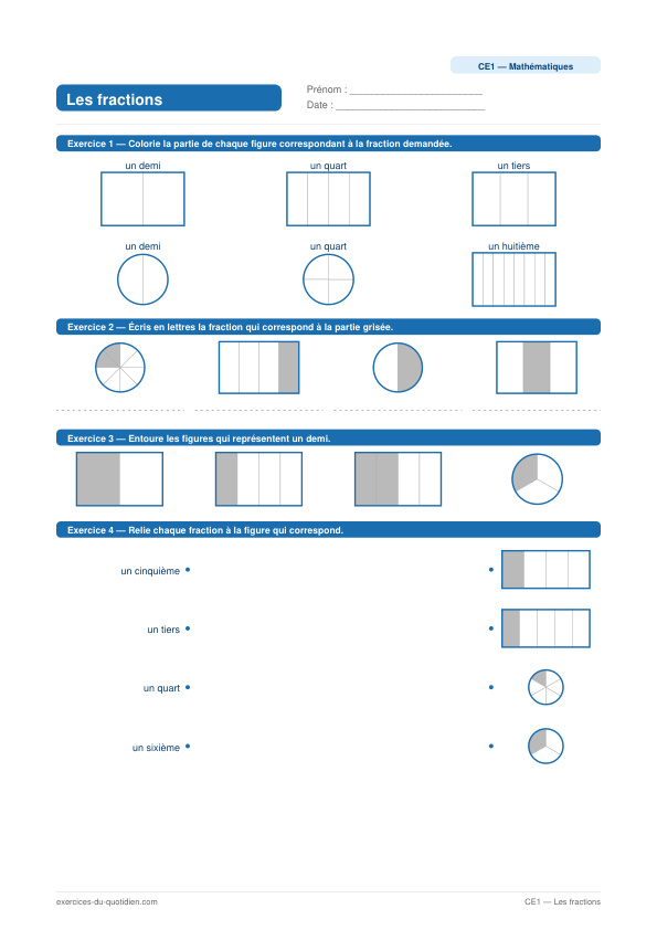 Exercices CE1 Maths — Les fractions — fiche PDF à imprimer