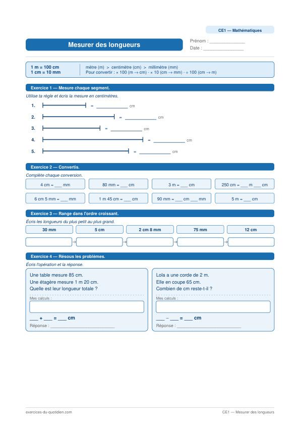 Exercices CE1 Maths — Mesurer des longueurs — fiche PDF à imprimer