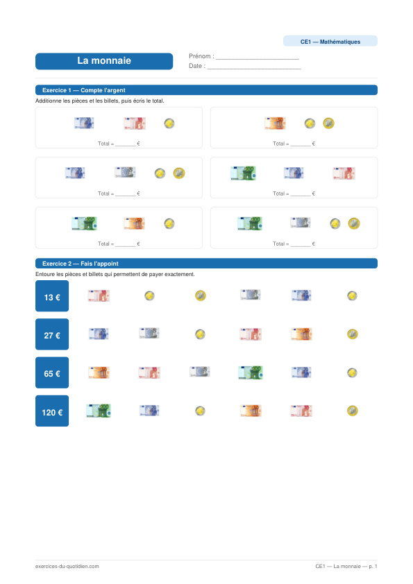 Exercices CE1 Maths — La monnaie — fiche PDF à imprimer