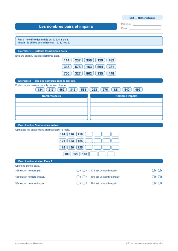 Exercices CE1 Maths — Les nombres pairs et impairs — fiche PDF à imprimer