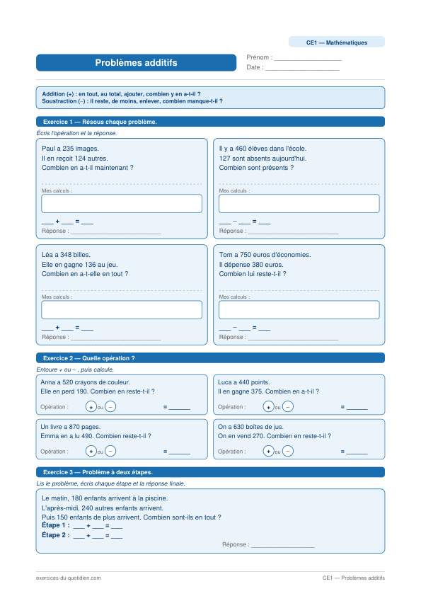 Exercices CE1 Maths — Problèmes additifs — fiche PDF à imprimer