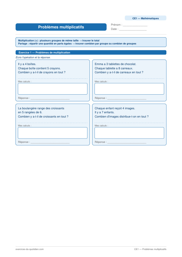 Exercices CE1 Maths — Problèmes multiplicatifs — fiche PDF à imprimer