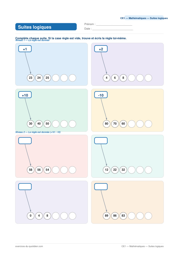 Exercices CE1 Maths — Suites logiques — fiche PDF à imprimer