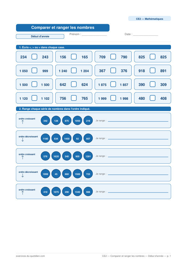 Exercices CE2 Maths — Comparer et ranger les nombres — fiche PDF à imprimer