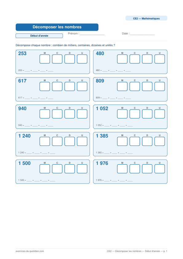 Exercices CE2 Maths — Décomposer les nombres — fiche PDF à imprimer