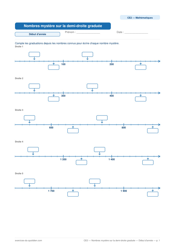 Exercices CE2 Maths — Demi-droite graduée — nombres mystère — fiche PDF à imprimer
