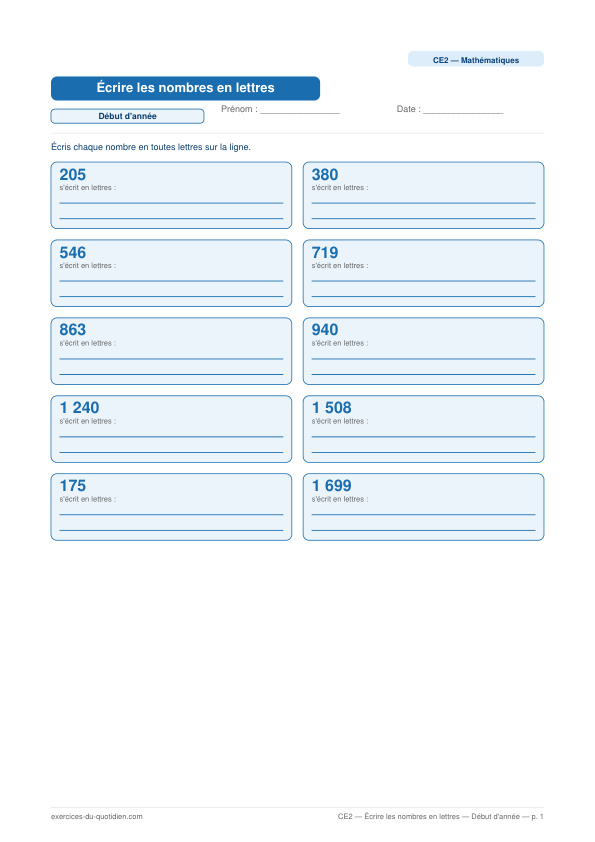 Exercices CE2 Maths — Écrire les nombres en lettres — fiche PDF à imprimer