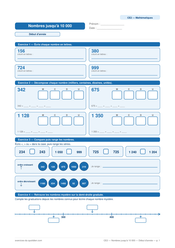 Exercices CE2 Maths — Nombres jusqu'à 10 000 — fiche PDF à imprimer