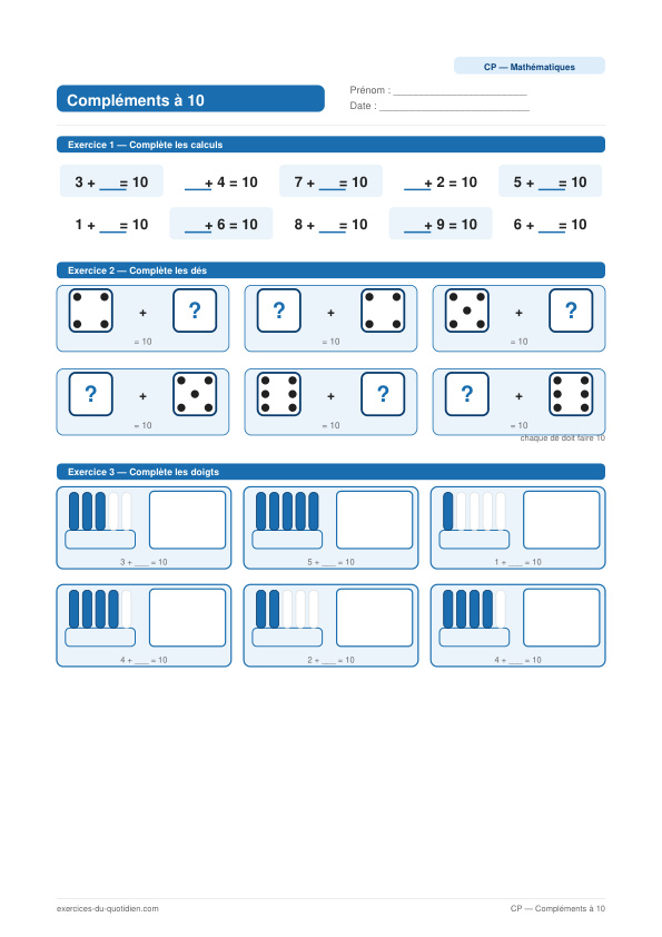 Exercices CP Maths — Compléments à 10 — fiche PDF à imprimer
