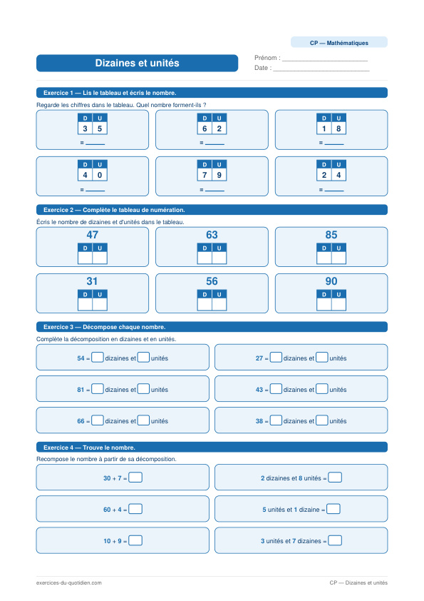 Exercices CP Maths — Dizaines et unités — fiche PDF à imprimer