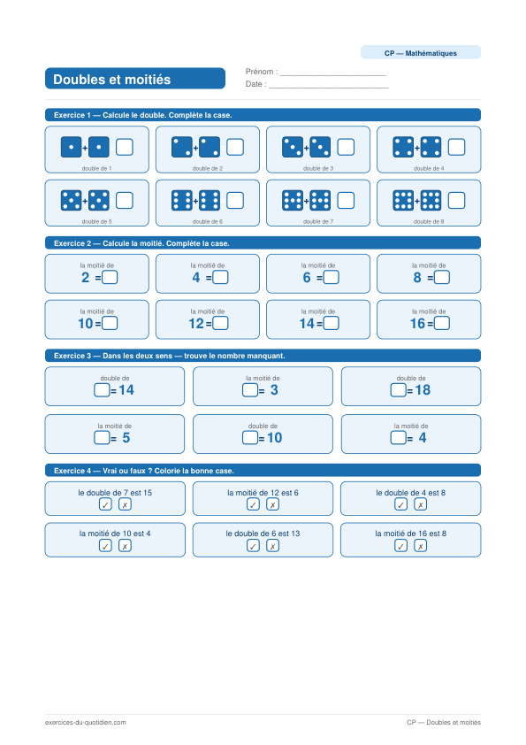 Exercices CP Maths — Doubles et moitiés — fiche PDF à imprimer